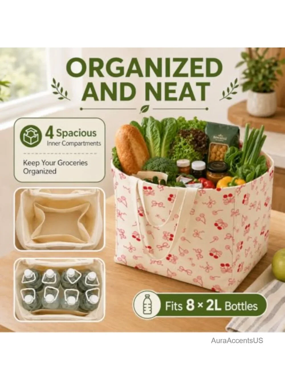 Large Canvas Grocery Tote Bag Reusable Shopping Shoulder Bags with 4 Inner